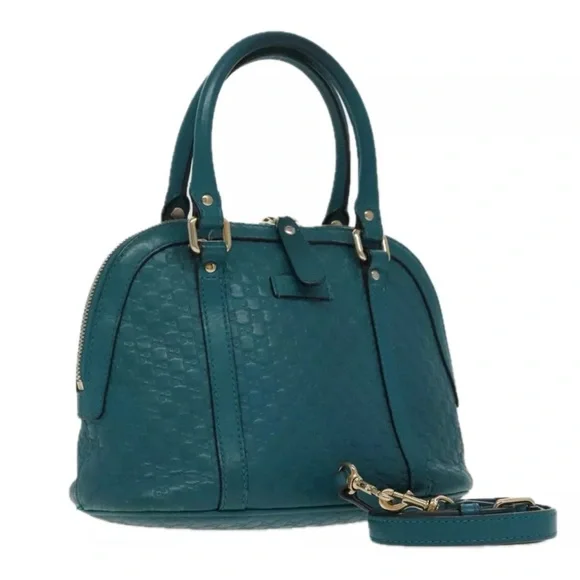 Authentic GUCCI Micro GG Canvas Hand Bag Leather 2way Turquoise Blue with strap - Picture 1 of 17